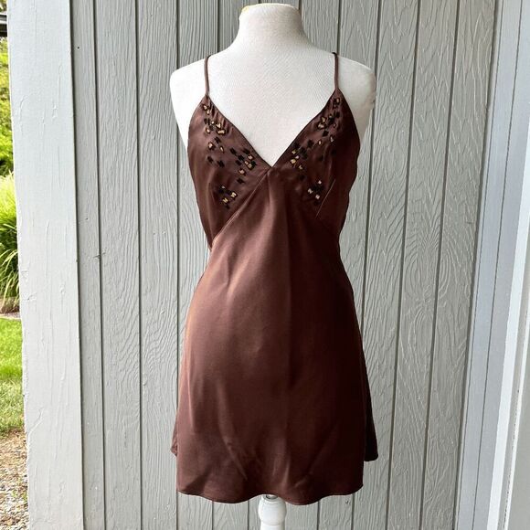 VTG 90s Natori Satin Slip Dress XS/S Leopard Embroidery Crisscross Back - Picture 1 of 9